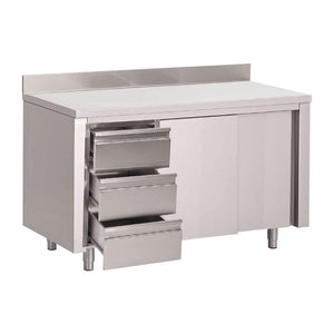 Nástěnný stůl se skříňkou s posuvnými dveřmi a 3 zásuvkami, Gastro M DS444, 1800x700x(h)875 mm, svařovaný