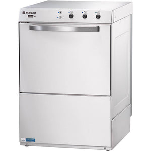Universele vaatwasser 500x500 mm - 30 korven/uur - Stalgast 801517 - met afvoerpomp - glansspoelmiddel doseerder - reinigingsmiddel en spoelondersteuningspomp - 4,9 kW - 230 / 400 V - 680x565x(h)835 mm