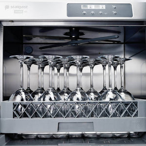 Universele vaatwasser 500x500 mm - 40 korven/uur - Stalgast 801556 - met afvoerpomp - glansspoelmiddel doseerder en reinigingsmiddel - 6,65 kW - 400 V - 680x565x(h)836 mm